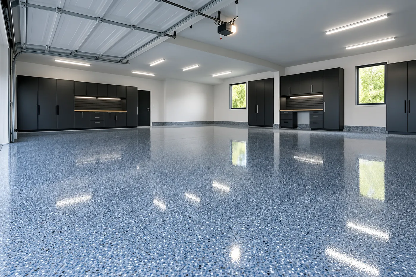 Blue-grey and white flake garage floor coating