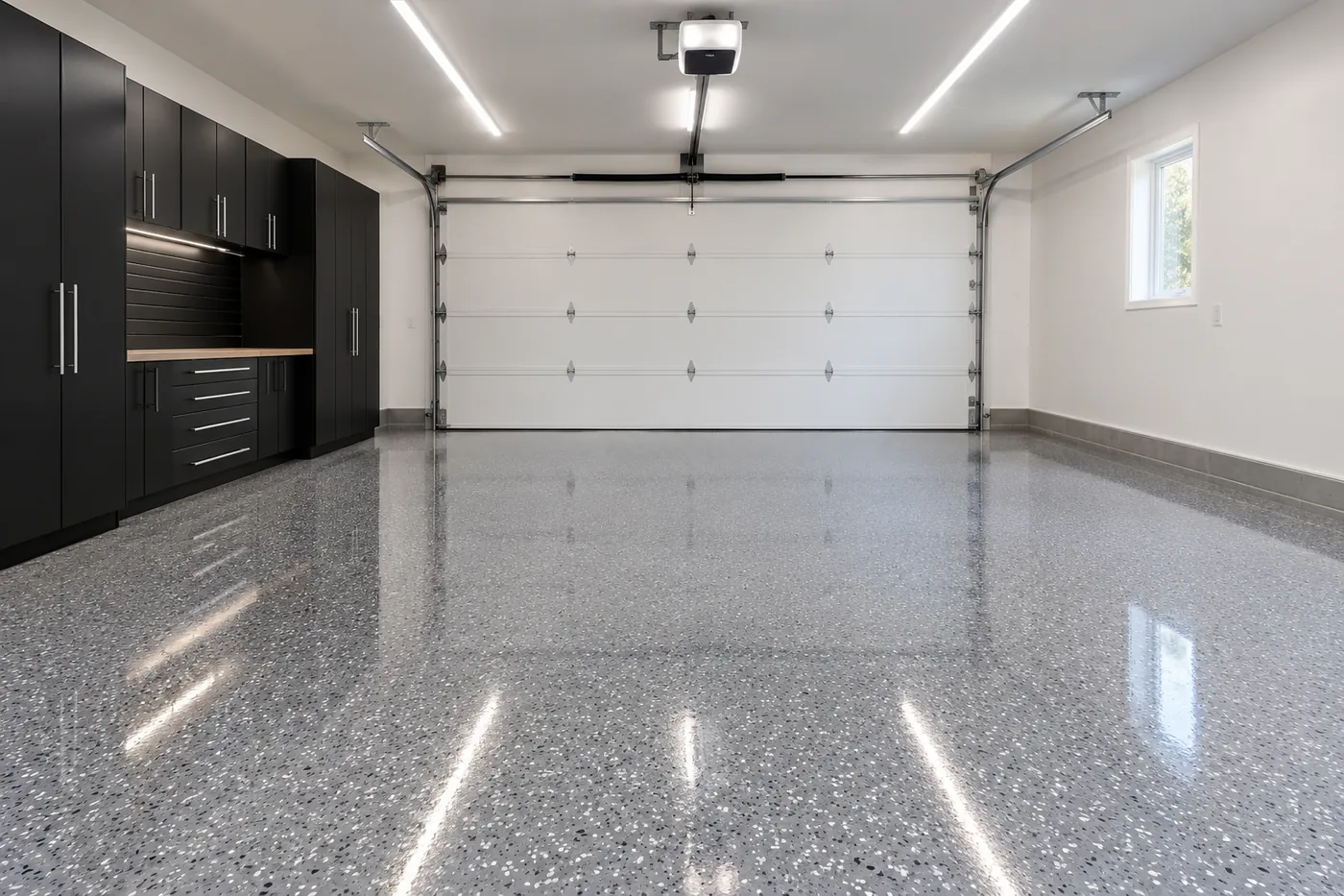 Grey and white flake garage floor with a high-gloss finish