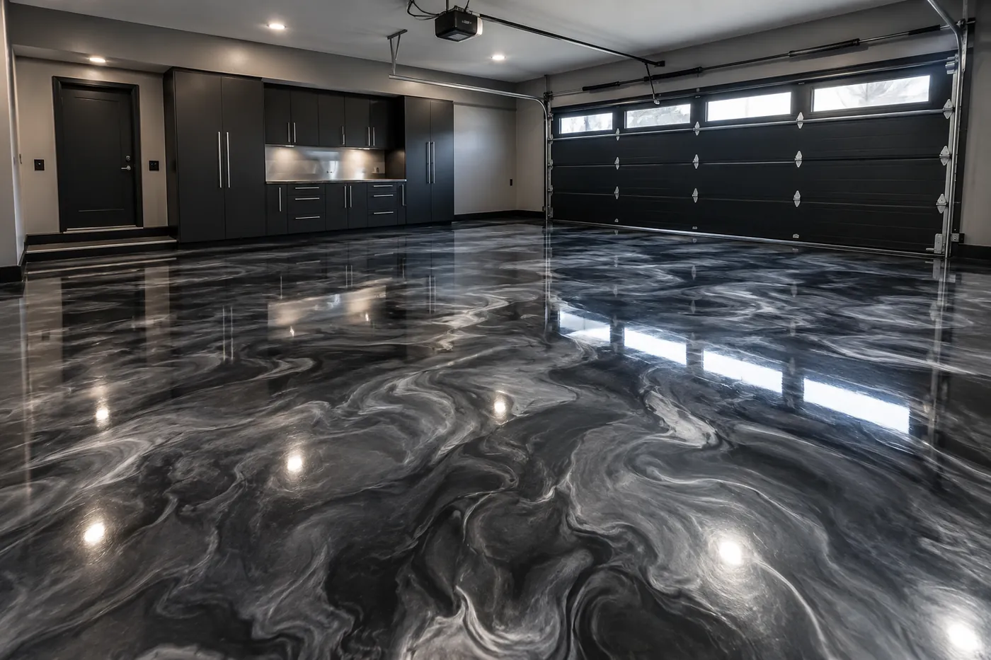 Charcoal metallic epoxy garage floor with silver pearl swirls