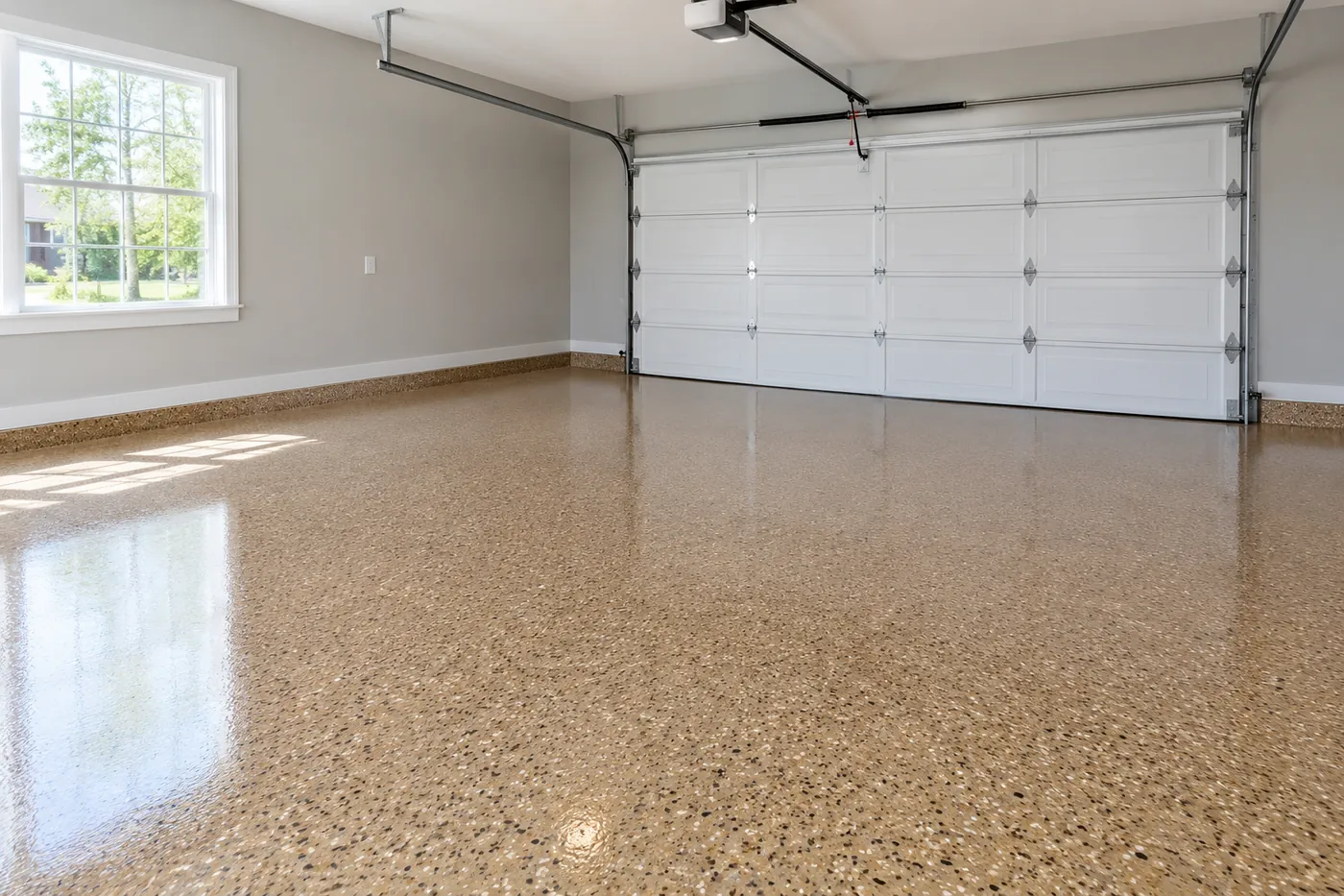 Tan and beige flake garage floor coating