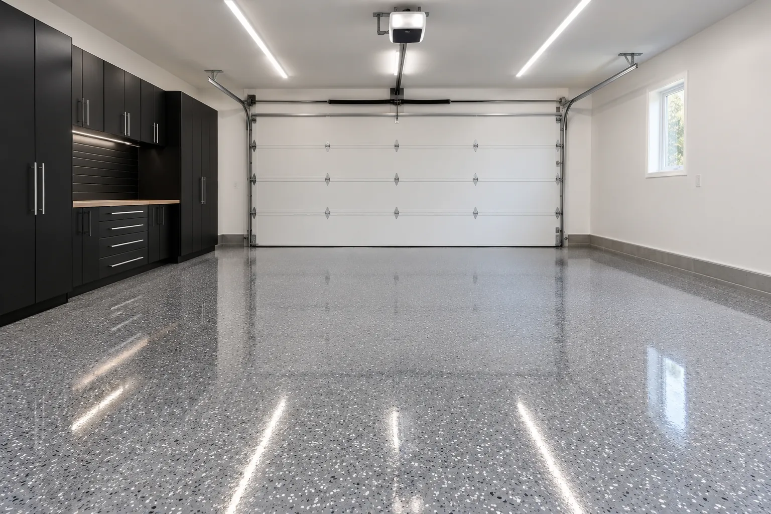 Finished glossy grey flake garage floor in a clean residential garage