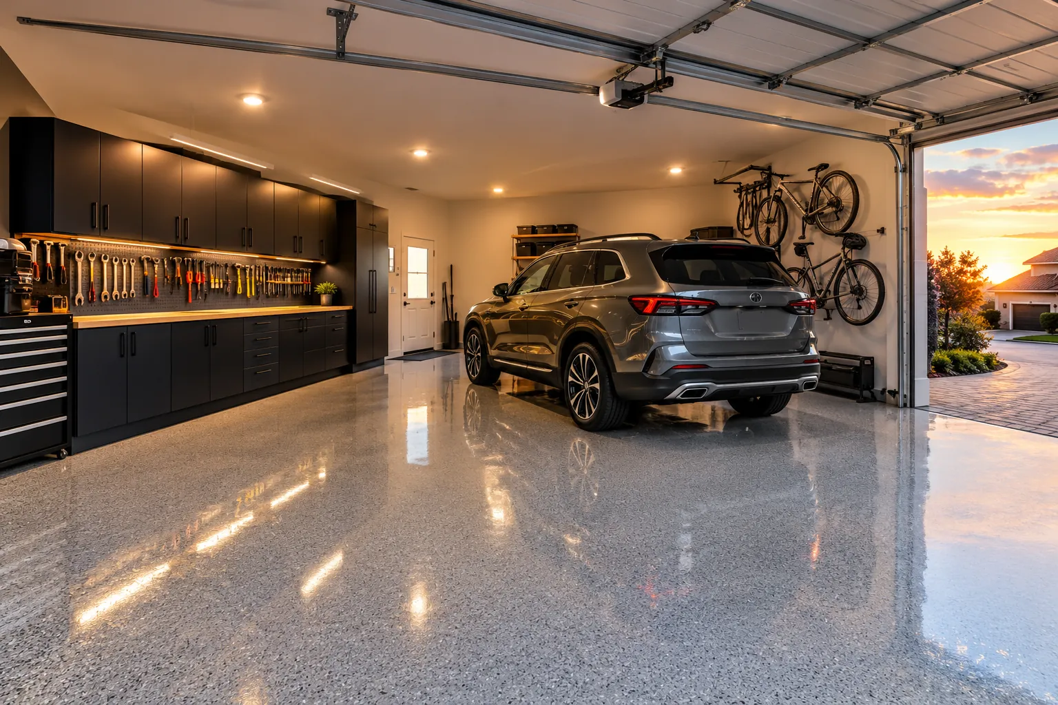 Organised garage with cabinets and a glossy light grey flake floor